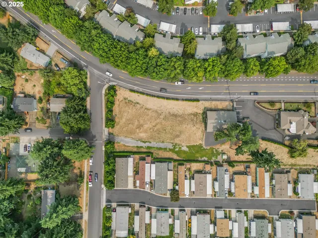 an aerial view of residential houses with outdoor space and trees