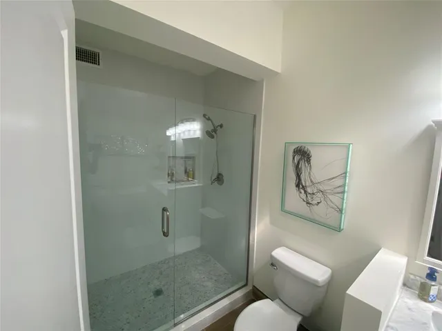 a bathroom with a shower and toilet