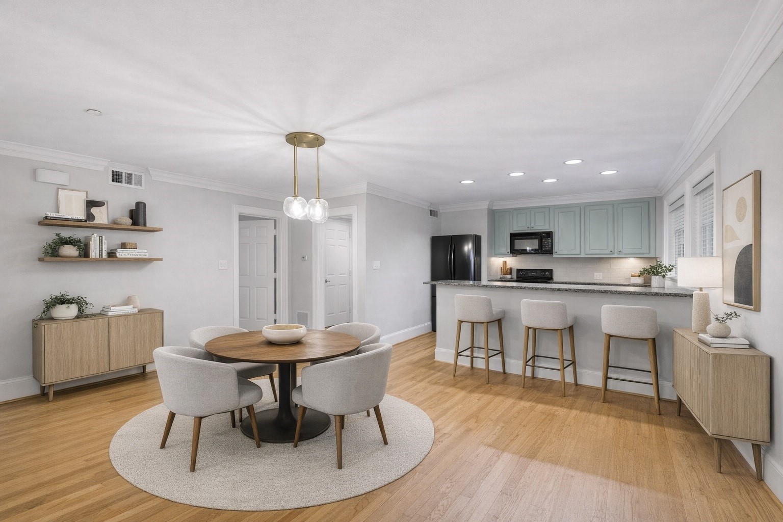 Virtually staged Dinning and Breakfast bar area.