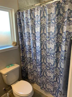 a white toilet sitting next to a shower curtain