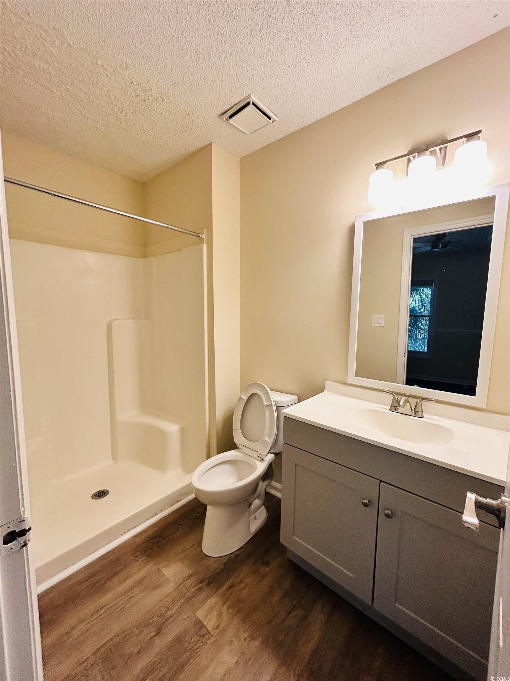 306 76th Avenue North, Unit B2 Myrtle Beach, SC 29572 - Photo 6 of 6 Bathroom featuring a textured ceiling, vanity, dark wood-style floors, and a shower stall
