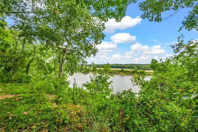 a view of a lake with a yard