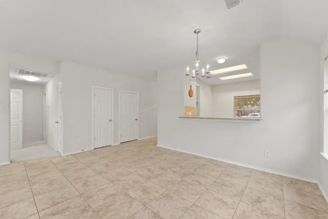 a view of a chandelier in a room