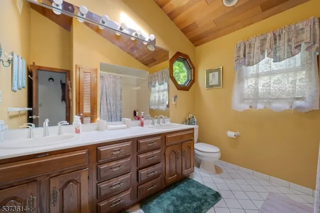a bathroom with a double vanity sink mirror and toilet