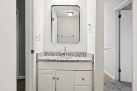 a bathroom with a granite countertop sink vanity and a mirror