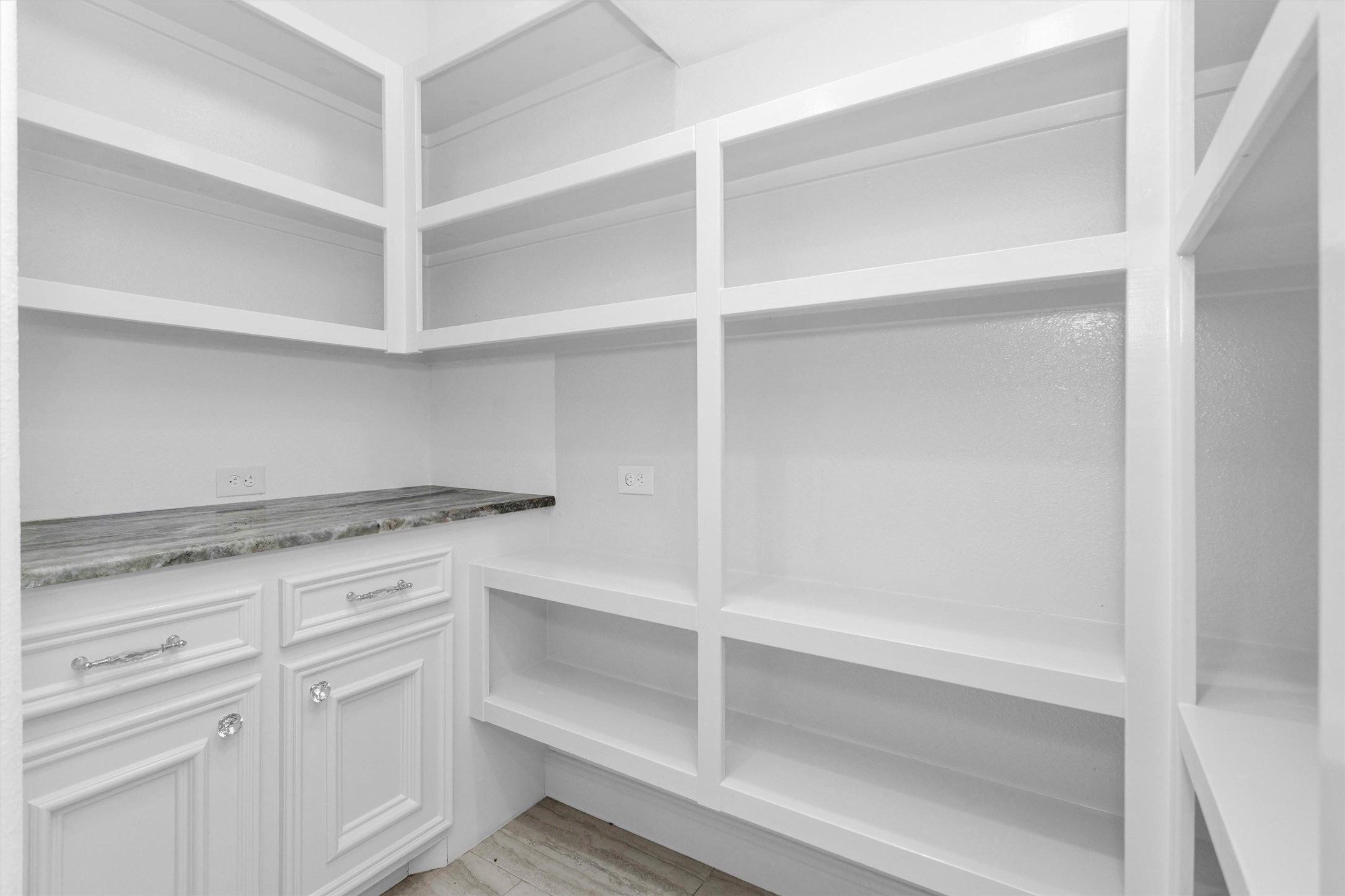 10887 Decatur Street Willis, TX 77318 - Photo 22 of 50 Massive walk-in pantry with custom built-in shelving and its own counter space—plenty of room to stay organized and keep everything tucked away but within reach.