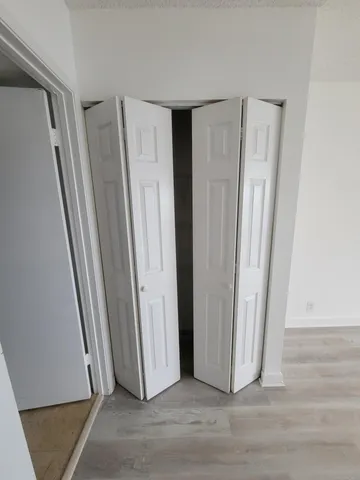 an empty room with wooden floor and closet