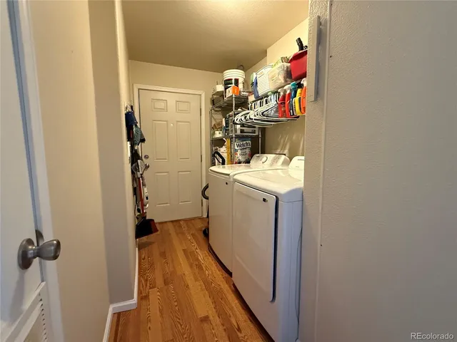 a storage room with a washer and dryer