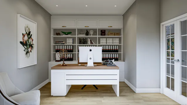 a bedroom with a bed and a table