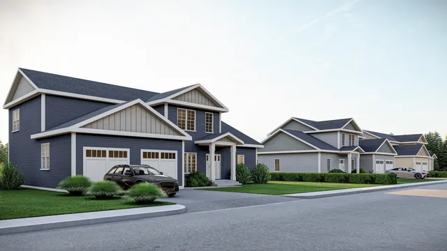a view of a big house with a big yard and large trees