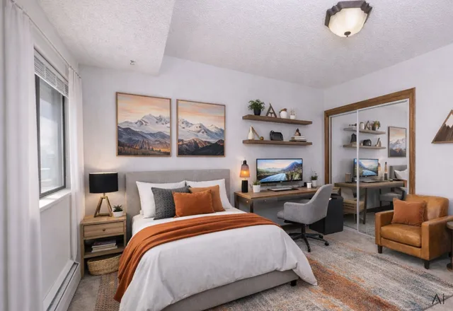 a bedroom with furniture and a large window