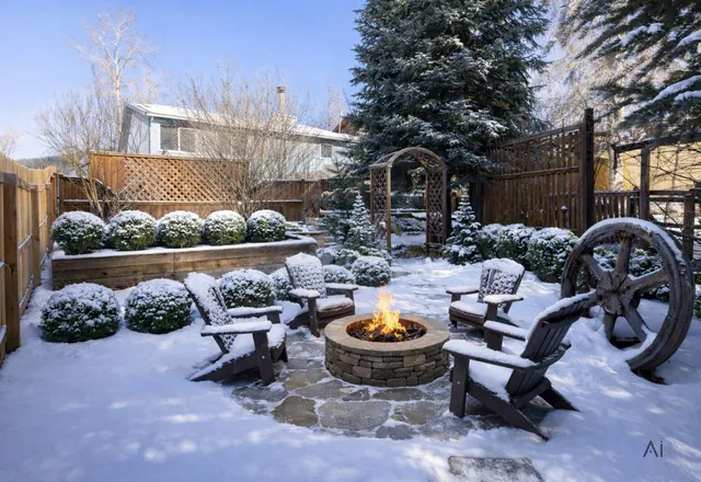 a view of a backyard with table and chairs potted plants and a large tree