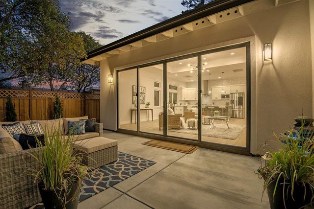 a building outdoor space with patio furniture