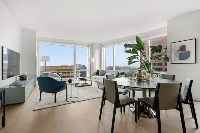 a view of a dining room with furniture and a potted plant