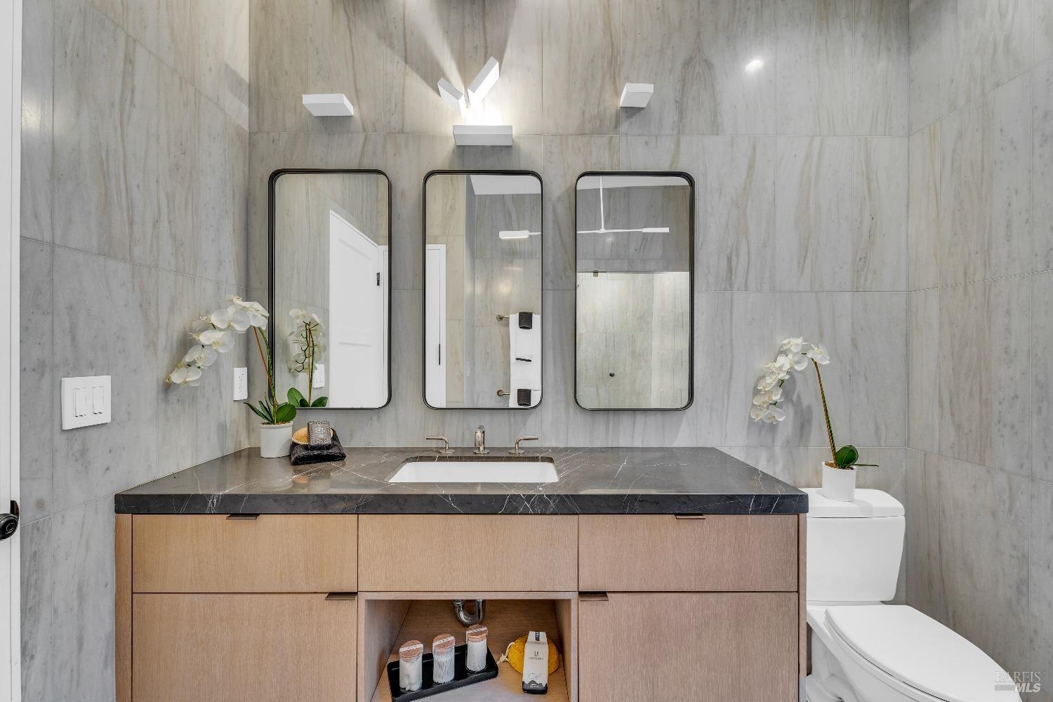 30 Bella Vista Avenue Belvedere, CA 94920 - Photo 36 of 89 a bathroom with sinks a toilet and a mirror