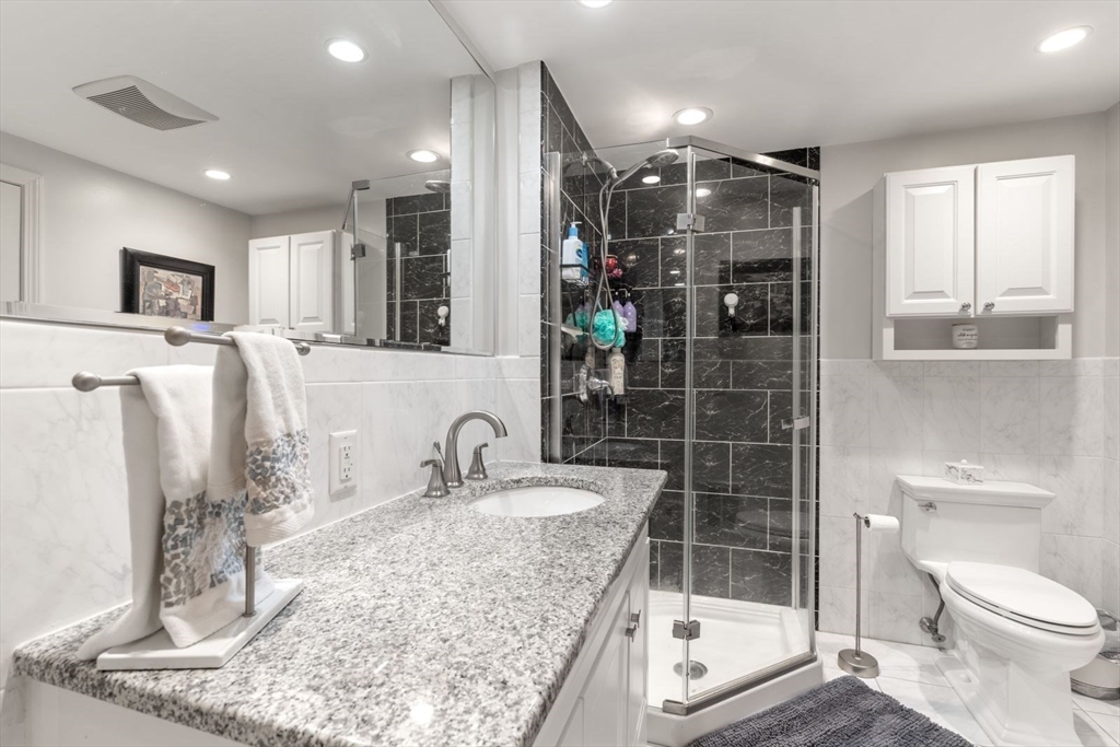 135 Franklin Street, Unit 101 Stoneham, MA 02180 - Photo 14 of 24 a bathroom with a granite countertop sink a toilet a mirror and shower