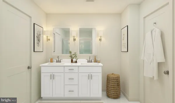 a bathroom with a double vanity sink a mirror and a shower