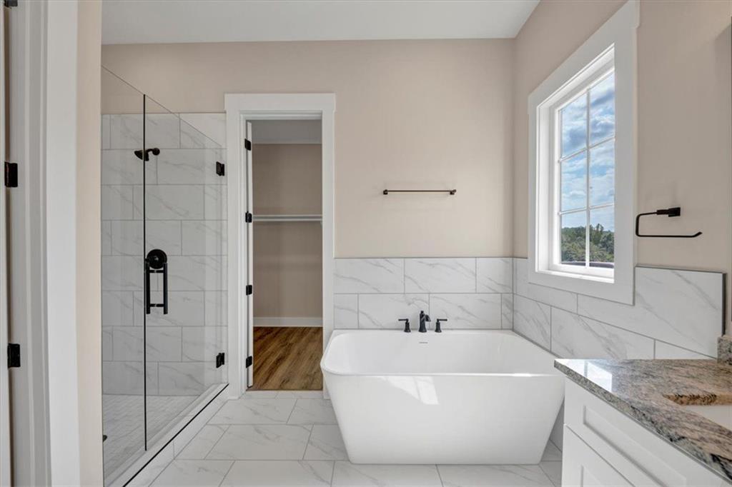960 Oxford Road Ball Ground, GA 30107 - Photo 31 of 54 a bathroom with a granite countertop tub shower and mirror