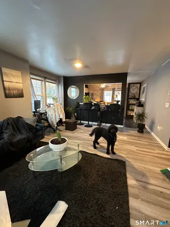 a living room with furniture a rug and a window