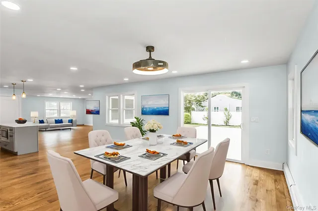 a kitchen with a dining table chairs and microwave