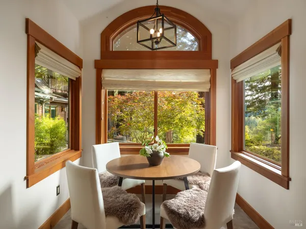 a view of a dining room with furniture window and outside view