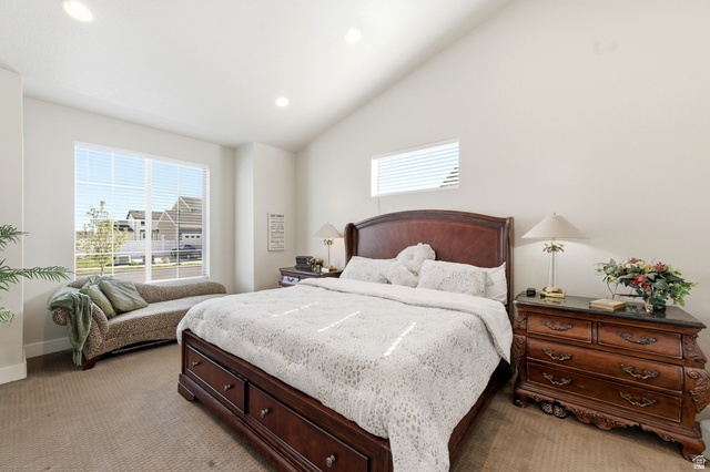 1434 West Stable Street Lindon, UT 84042 - Photo 21 of 76 Bedroom with recessed lighting, light carpet, and vaulted ceiling