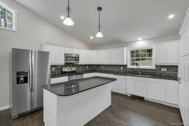 a kitchen with stainless steel appliances granite countertop a sink and refrigerator
