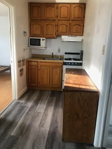 a kitchen with stainless steel appliances granite countertop a stove a sink and a microwave