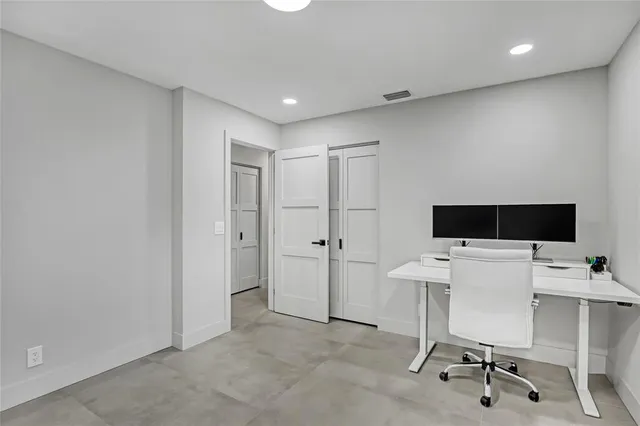 a garden view with a seating space