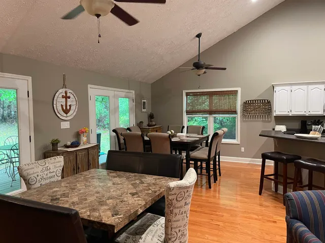 a view of a dining room with furniture