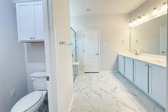 a bathroom with a sink a toilet a large mirror and vanity