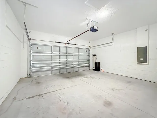 a view of a garage with stairs