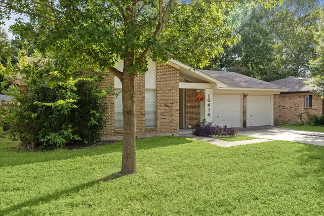 a backyard of a house with yard and trampoline