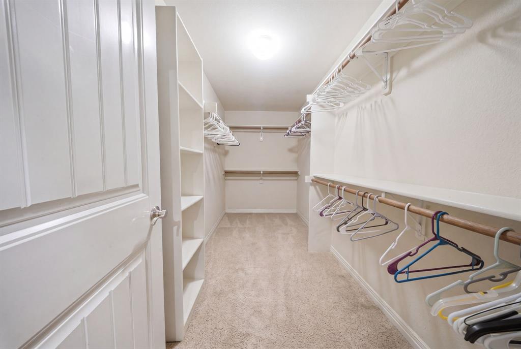603 Cedar Drive Pilot Point, TX 76258 - Photo 20 of 39 Spacious walk-in closet featuring white built-in shelving, multiple hanging rods, and light-colored carpeting