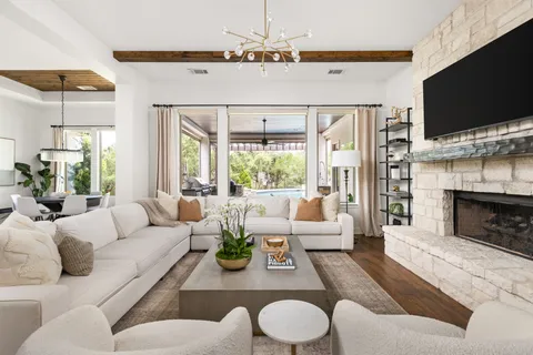 a living room with fireplace furniture and a flat screen tv