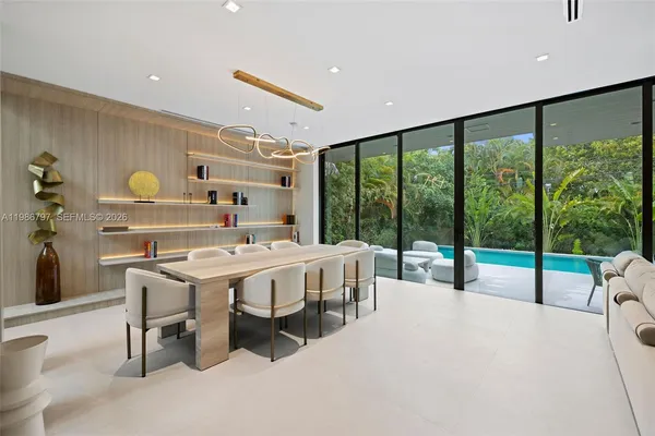a view of a dining room with furniture window and outside view