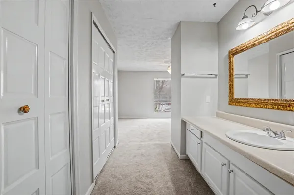 a bathroom with a sink a mirror and a shower