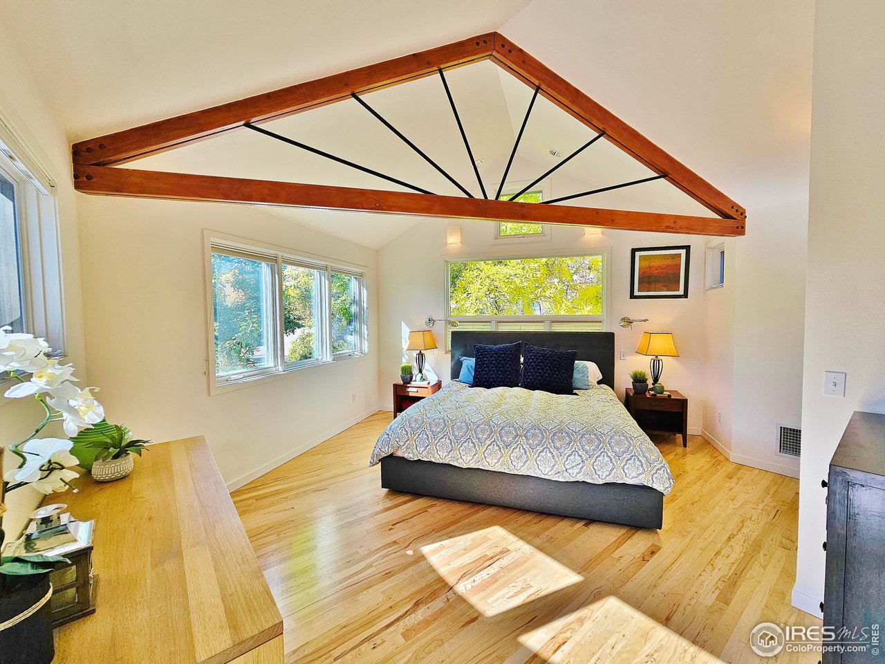 516 Valley View Drive Boulder, CO 80304 - Photo 20 of 35 Vaulted Primary BR with Custom Beams and Iron Details