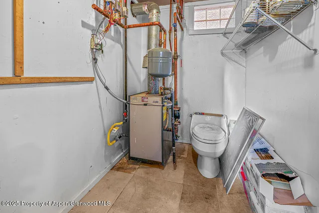 a view of storage and utility room with water heater and racks on the wall