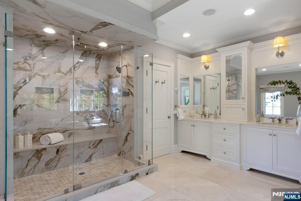 19 Autumn Terrace Alpine, NJ 07620 - Photo 35 of 45 a bathroom with a granite countertop sink mirror and shower