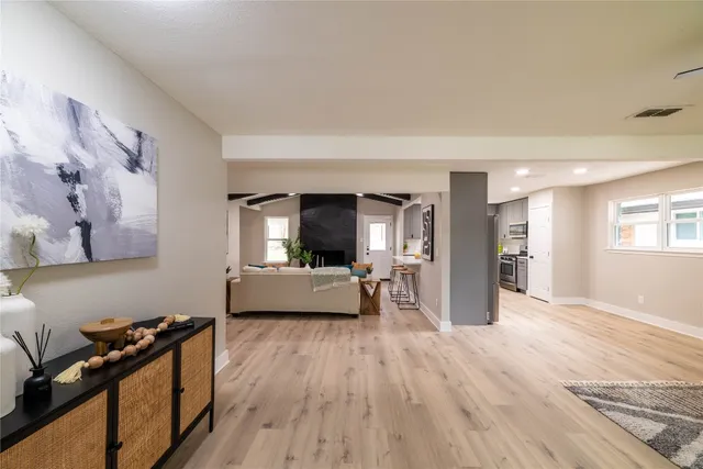 a view of a dining room with furniture
