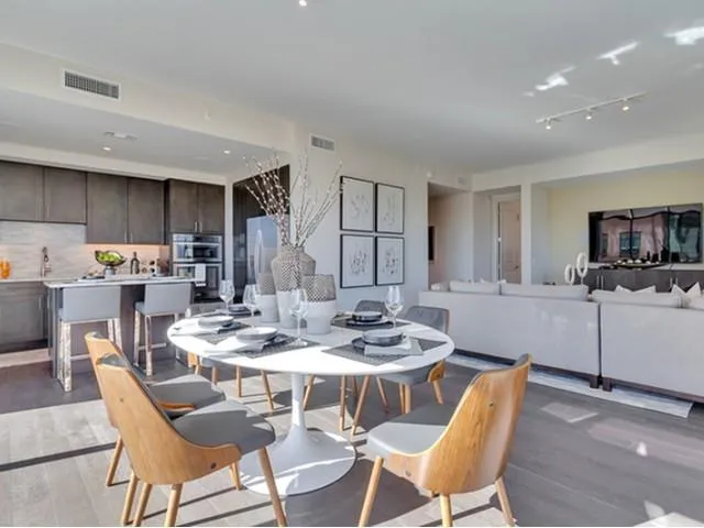 a view of a dining room with furniture