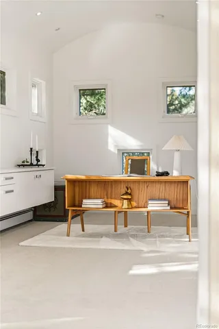 a living room with furniture a rug and a potted plant