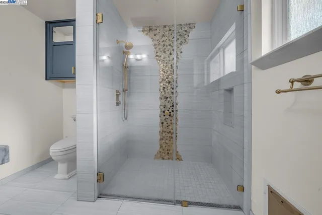 a bathroom with a shower a toilet and a window