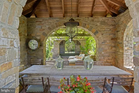 a garden view with a seating space