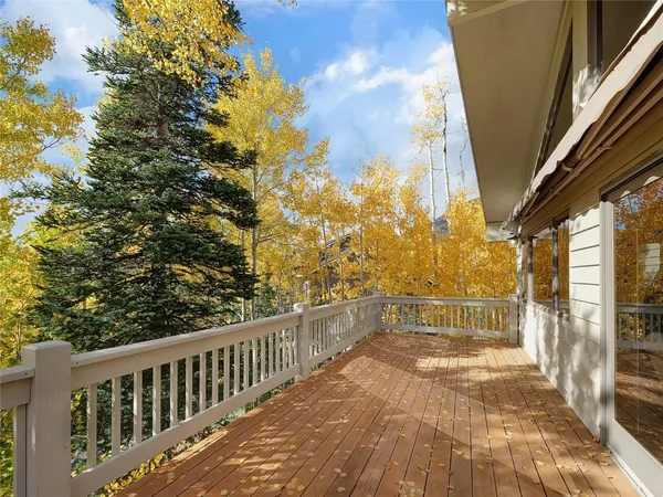 a view of a balcony with wooden floor