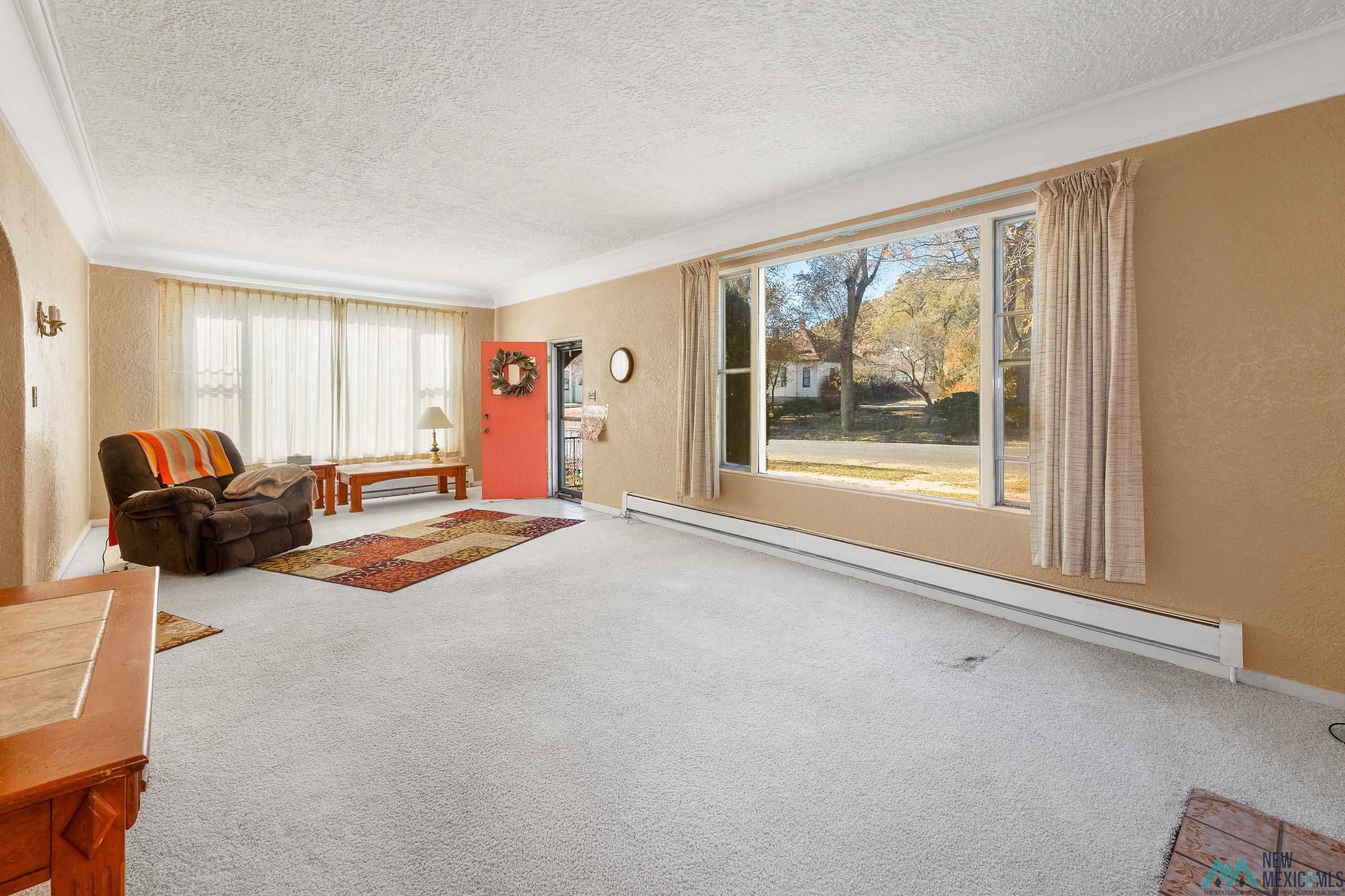 727 South 6th Street Raton, NM 87740 - Photo 3 of 47 Carpeted living area with a textured wall, a baseboard radiator, ornamental molding, and a textured ceiling