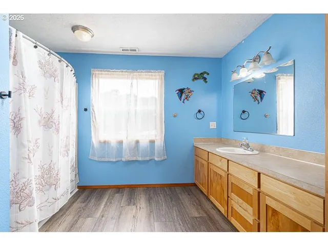 a bathroom with a sink a mirror and a shower curtain