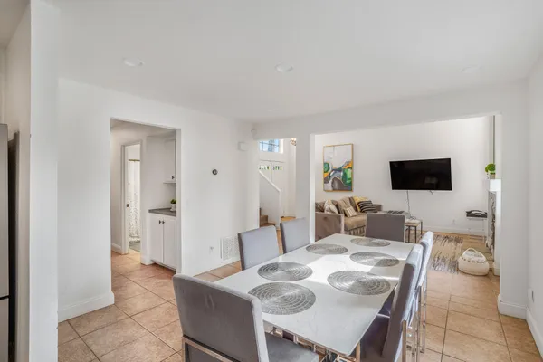a view of a dining room with furniture