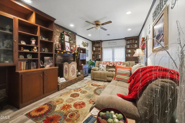 a view of a park that has a tree on the side of the road